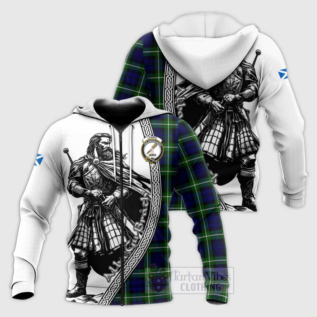 Lammie Tartan Clan Crest Knitted Hoodie with Highlander Warrior Celtic Style Unisex Knitted Zip Hoodie - Tartan Vibes Clothing
