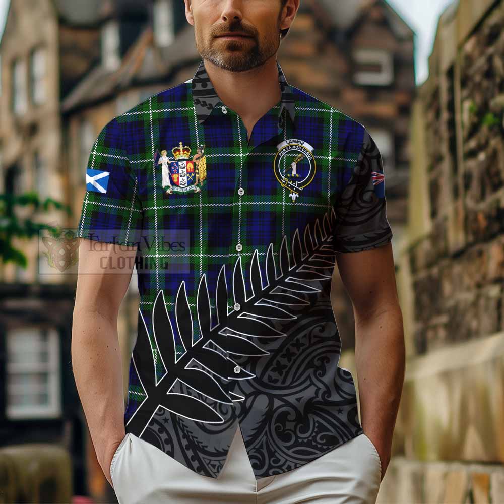 Tartan Vibes Clothing Lammie Crest Tartan Short Sleeve Button Shirt with New Zealand Silver Fern Half Style
