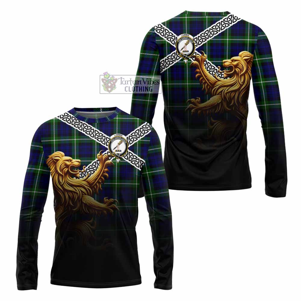Lammie Crest Tartan Long Sleeve T-Shirt with Golden Lion Emblem Celtic Style - Tartan Vibes Clothing