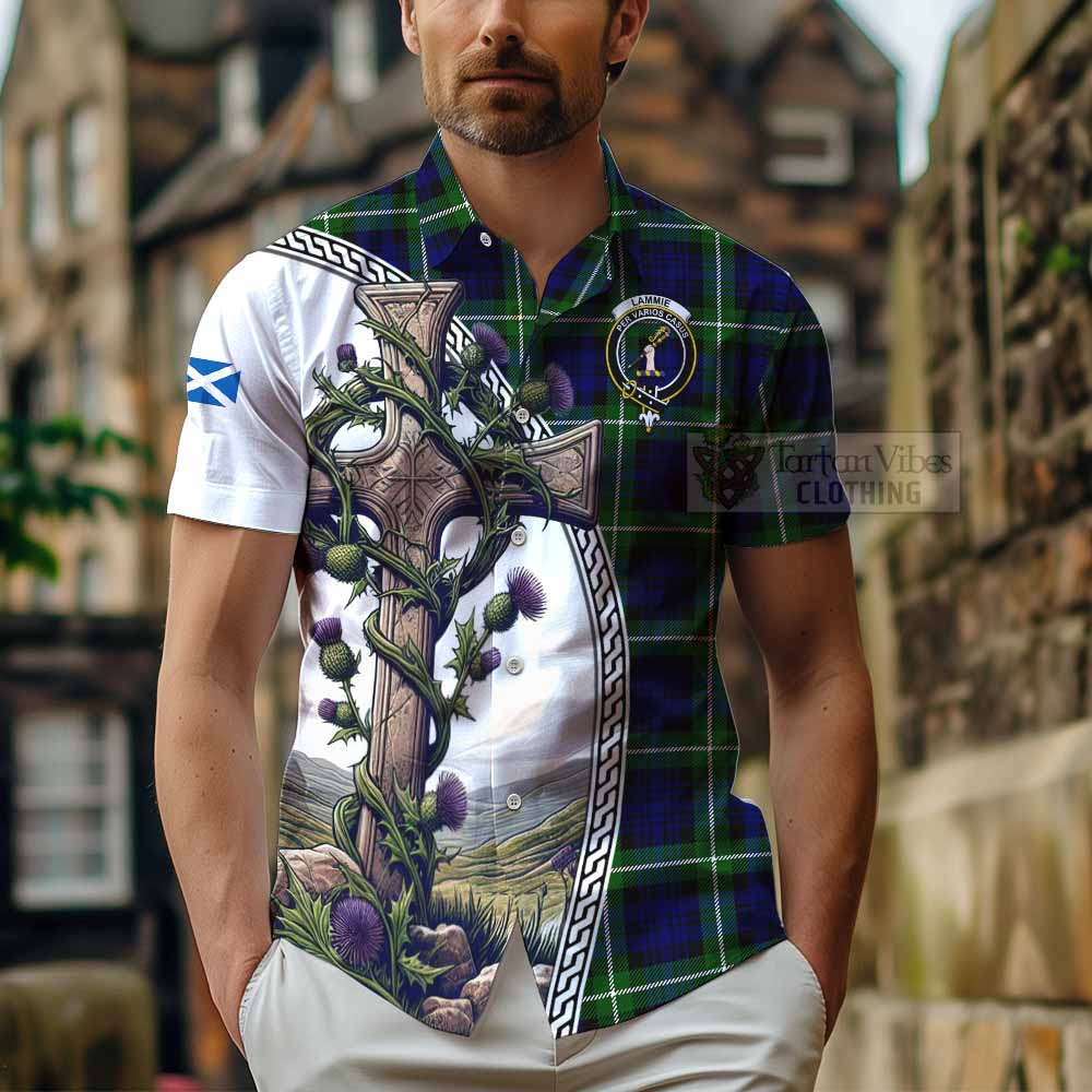 Lammie Tartan Hawaiian Shirt with Family Crest and St. Andrew's Cross Accented by Thistle Vines - Tartan Vibes Clothing
