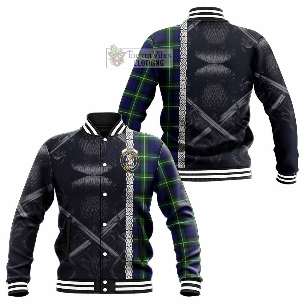 Lammie Tartan Baseball Jacket with Family Crest Cross Sword Thistle Celtic Vibes - Tartan Vibes Clothing