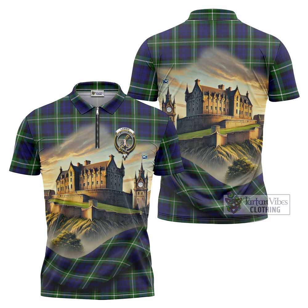 Lammie Tartan Family Crest Zipper Polo Shirt with Scottish Ancient Castle Style - Tartan Vibes Clothing