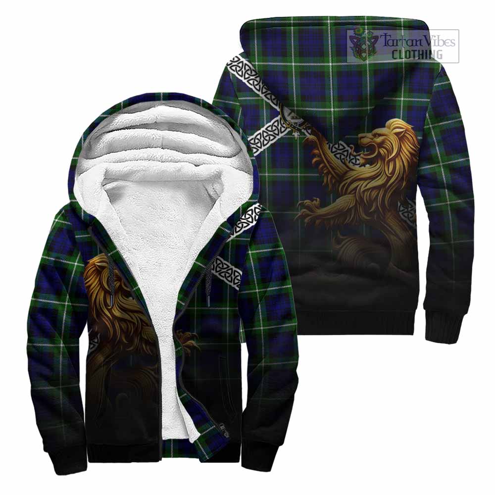 Lammie Crest Tartan Sherpa Hoodie with Golden Lion Emblem Celtic Style Unisex - Tartan Vibes Clothing