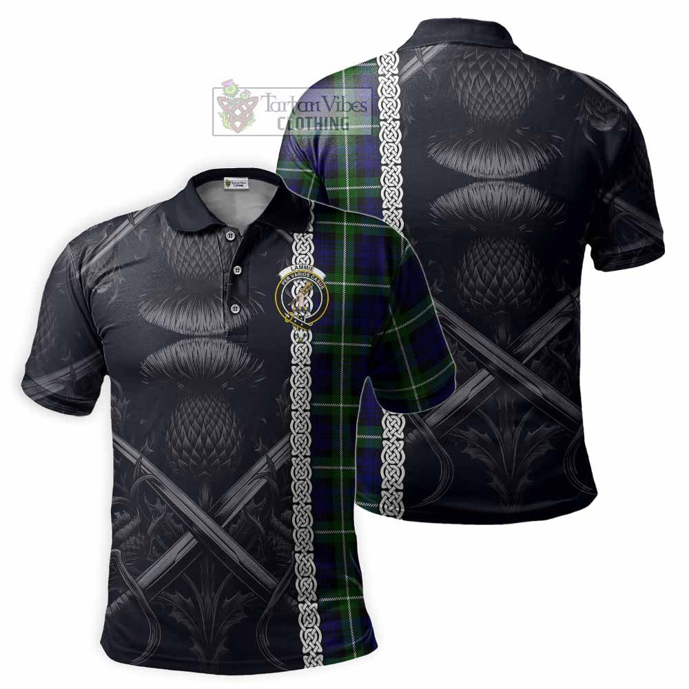 Lammie Tartan Polo Shirt with Family Crest Cross Sword Thistle Celtic Vibes - Tartan Vibes Clothing