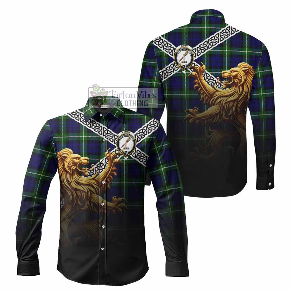 Lammie Crest Tartan Long Sleeve Button Shirt with Golden Lion Emblem Celtic Style - Tartan Vibes Clothing