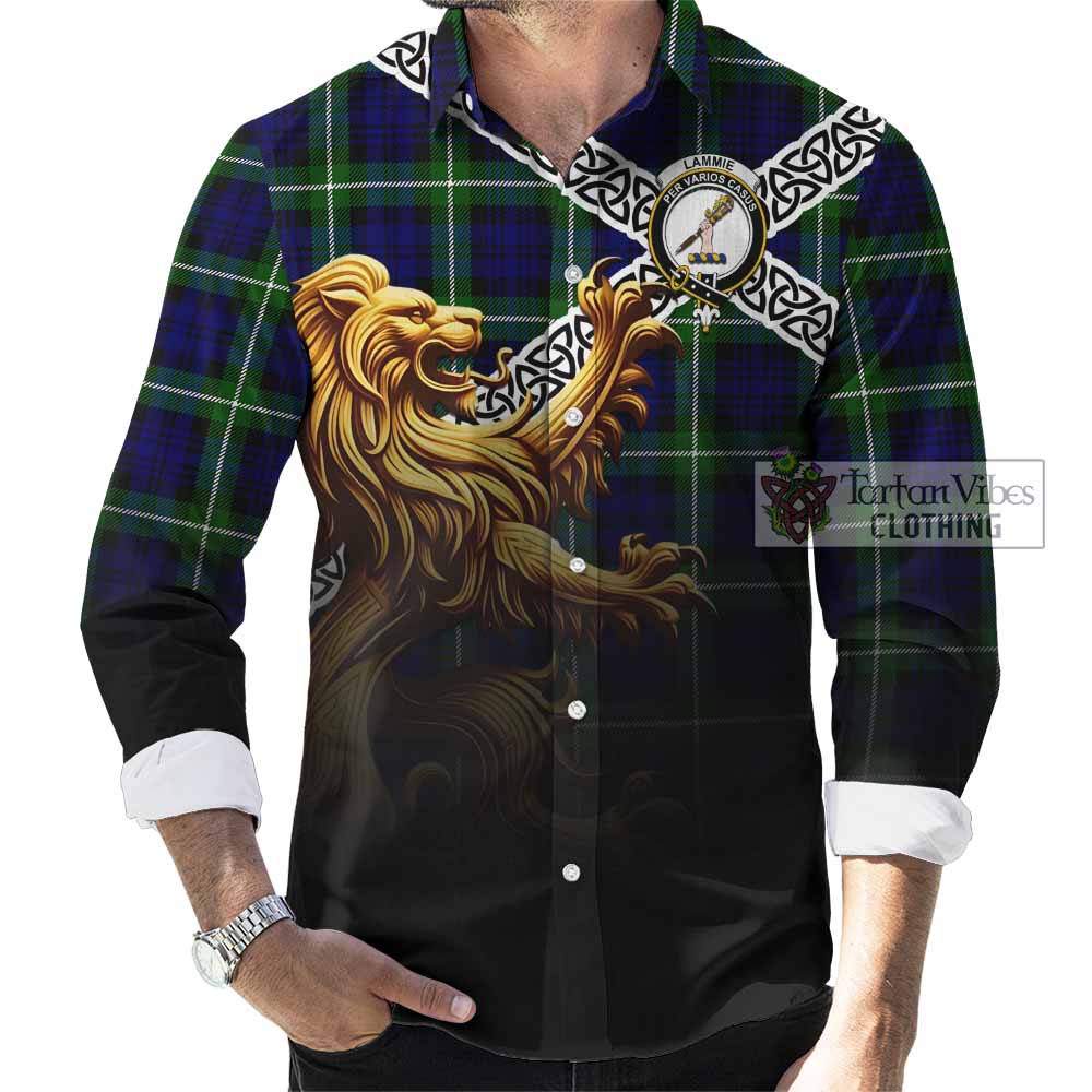Lammie Crest Tartan Long Sleeve Button Shirt with Golden Lion Emblem Celtic Style - Tartan Vibes Clothing