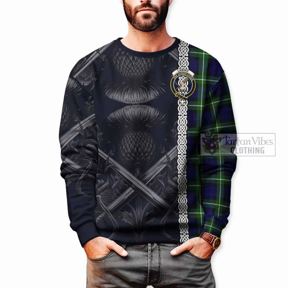 Lammie Tartan Sweatshirt with Family Crest Cross Sword Thistle Celtic Vibes - Tartan Vibes Clothing