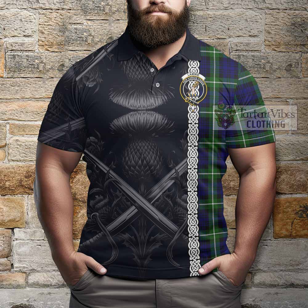 Lammie Tartan Polo Shirt with Family Crest Cross Sword Thistle Celtic Vibes - Tartan Vibes Clothing