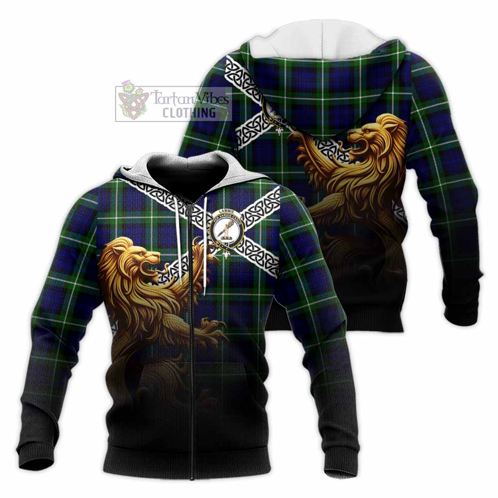 Lammie Crest Tartan Knitted Hoodie with Golden Lion Emblem Celtic Style Unisex Knitted Zip Hoodie - Tartan Vibes Clothing
