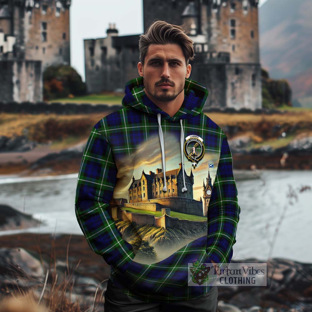 Lammie Tartan Family Crest Cotton Hoodie with Scottish Ancient Castle Style - Tartan Vibes Clothing