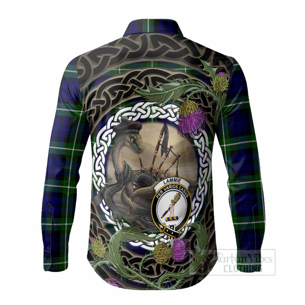 Lammie Tartan Crest Bagpipe Nessie Long Sleeve Button Shirts Scottish Loch Ness Monster Celtic Thistle
