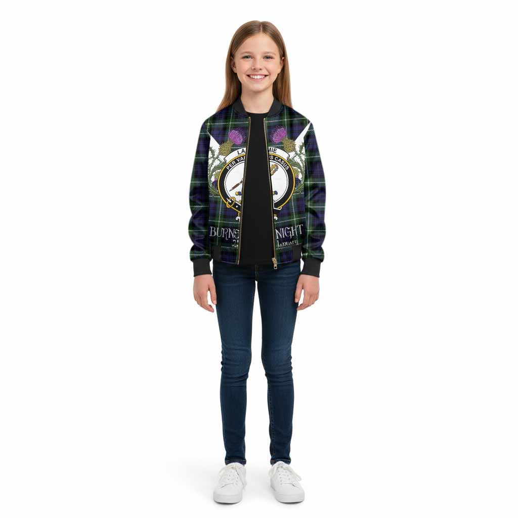Lammie Tartan Family Crest Kid Bomber Jacket Scottish Burns Night Thistle Floral