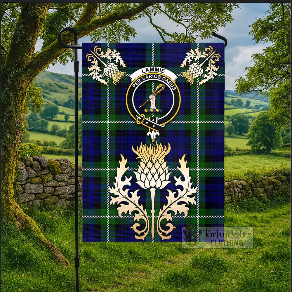 Lammie Tartan Garden Flag with Golden Regal Scottish Thistle Emblem - Tartan Vibes Clothing