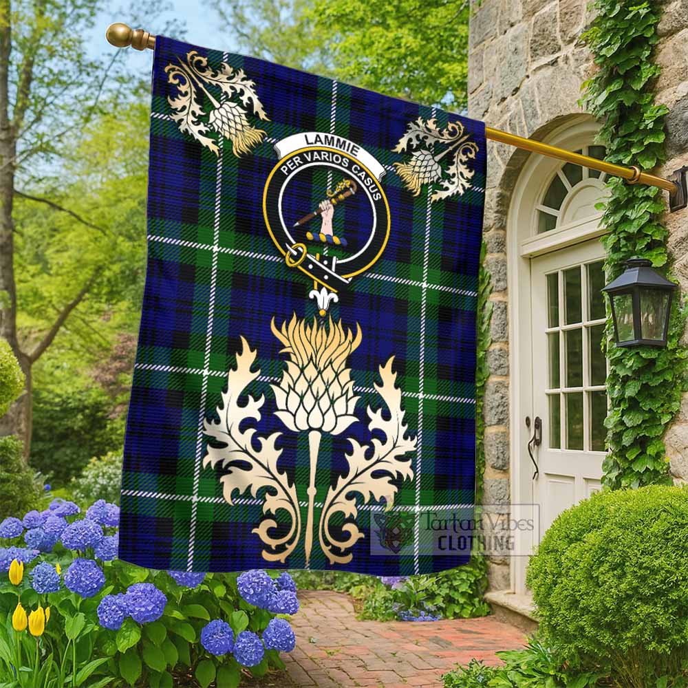 Lammie Tartan Garden Flag with Golden Regal Scottish Thistle Emblem - Tartan Vibes Clothing