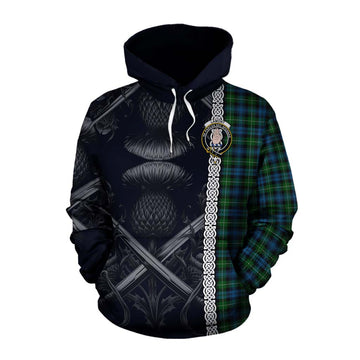 Tartan Vibes Clothing Lamont Tartan Cotton Hoodie with Family Crest Cross Sword Thistle Celtic Vibes