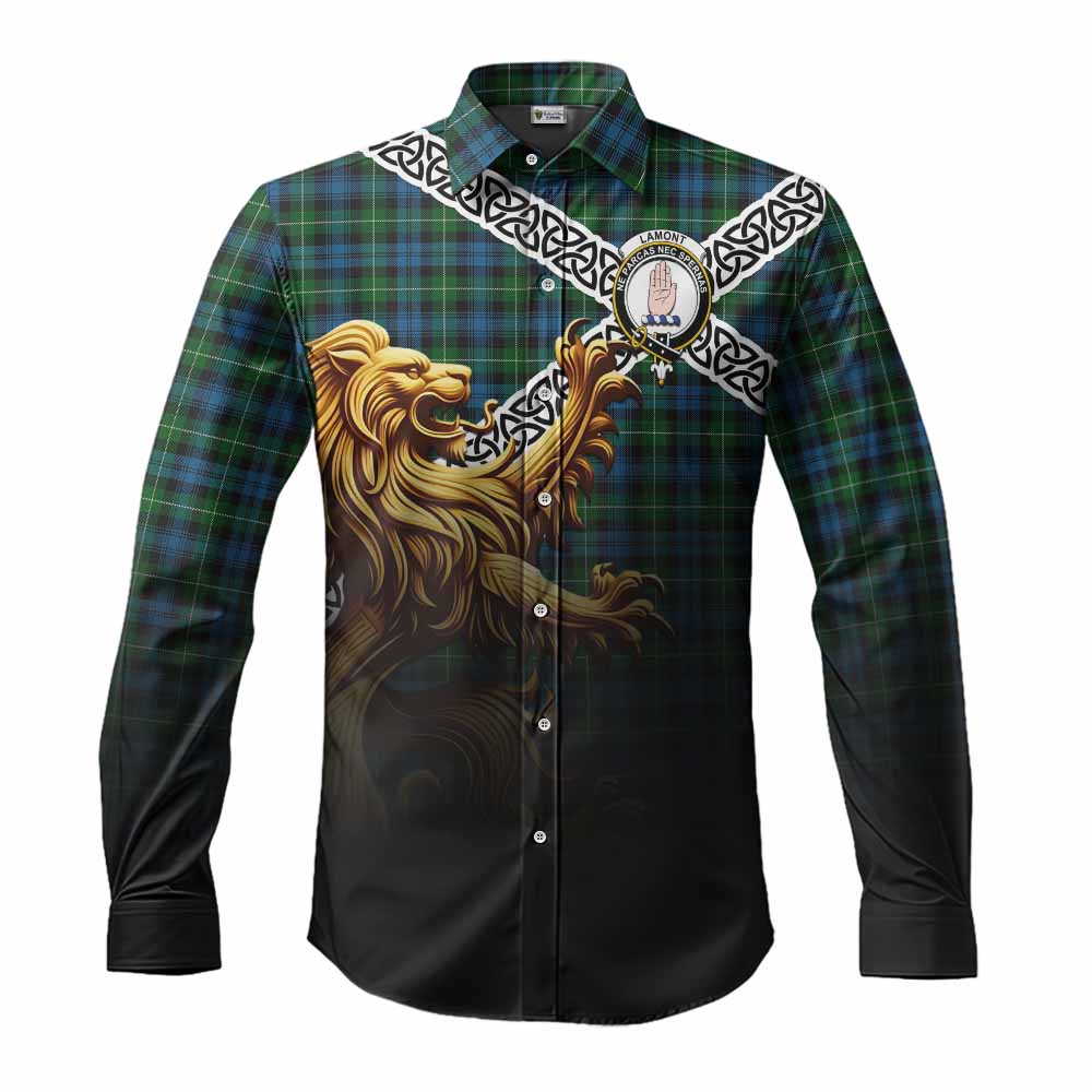 Tartan Vibes Clothing Lamont Crest Tartan Long Sleeve Button Shirt with Golden Lion Emblem Celtic Style