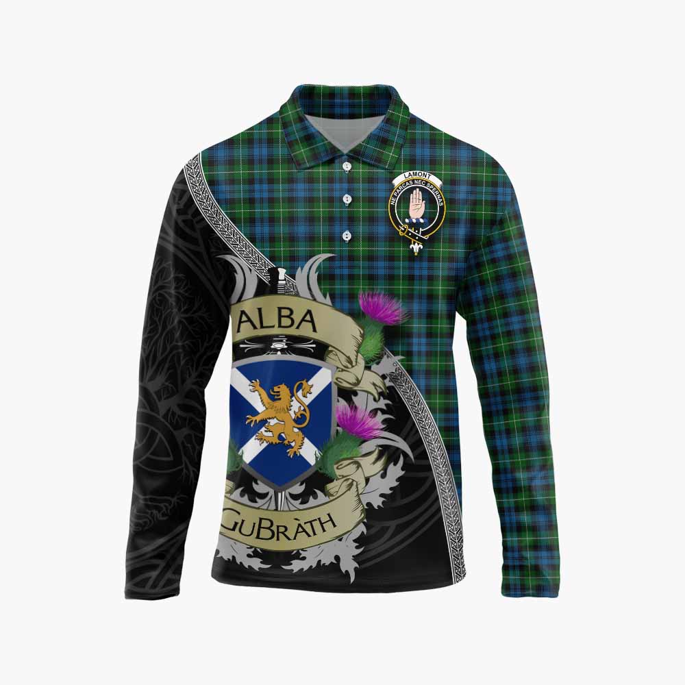 Tartan Vibes Clothing Lamont Tartan Family Crest Long Sleeve Polo Shirt Lion Rampant Royal Thistle Shield Celtic Inspired