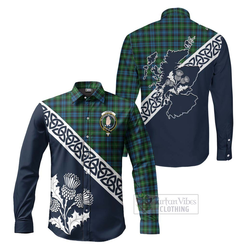 Tartan Vibes Clothing Lamont Tartan Long Sleeve Button Shirt Featuring Thistle and Scotland Map