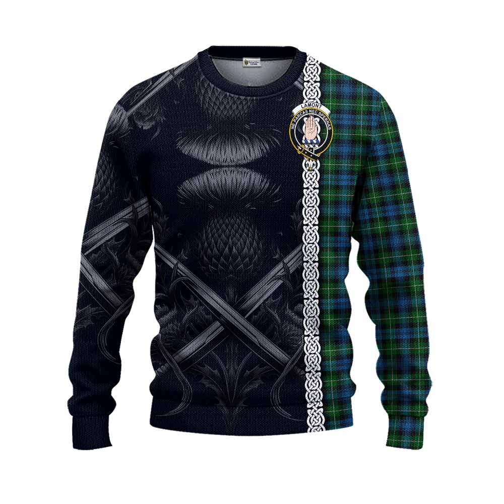 Tartan Vibes Clothing Lamont Tartan Knitted Sweater with Family Crest Cross Sword Thistle Celtic Vibes