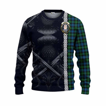Tartan Vibes Clothing Lamont Tartan Knitted Sweater with Family Crest Cross Sword Thistle Celtic Vibes