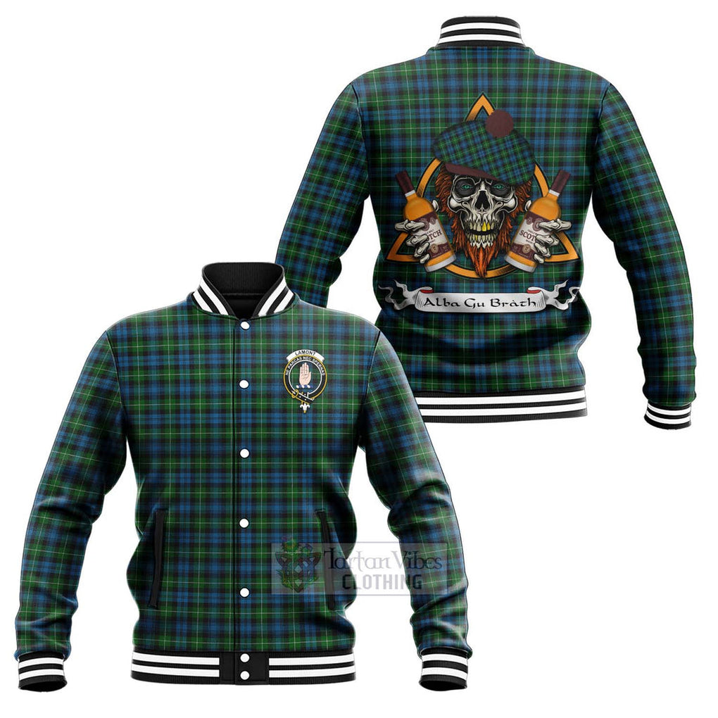 Tartan Vibes Clothing Lamont Tartan Baseball Jacket with Family Crest and Bearded Skull Holding Bottles of Whiskey