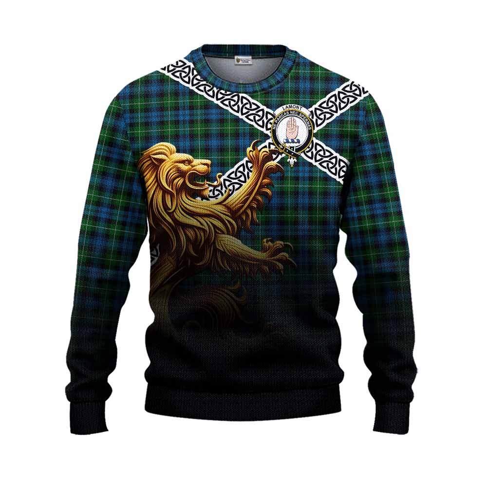 Tartan Vibes Clothing Lamont Crest Tartan Knitted Sweater with Golden Lion Emblem Celtic Style