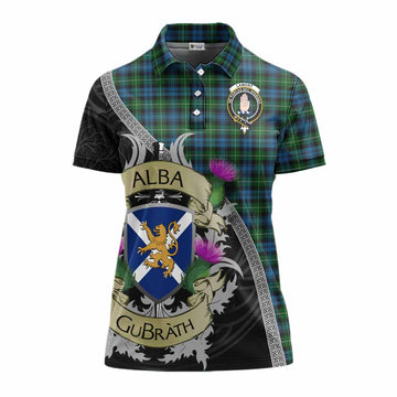 Lamont Tartan Family Crest Women's Polo Shirt Lion Rampant Royal Thistle Shield Celtic Inspired