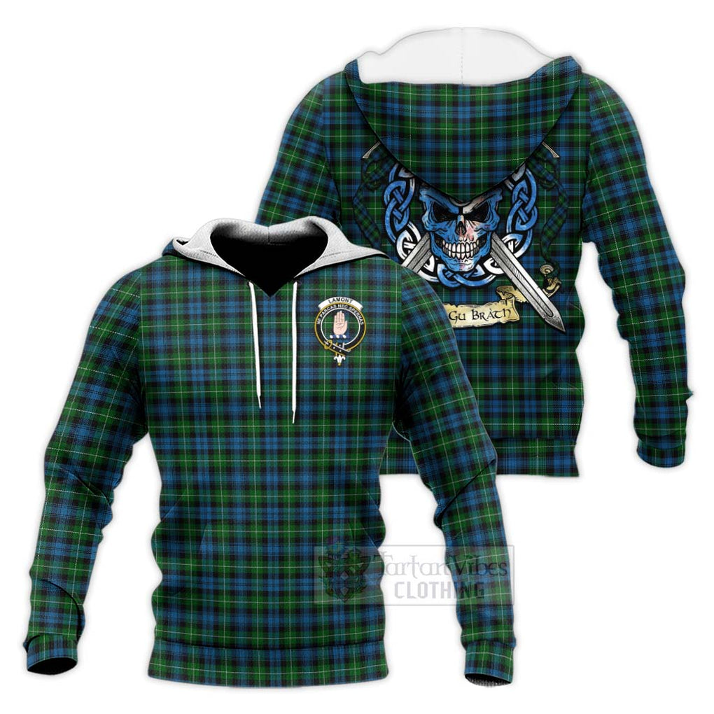 Tartan Vibes Clothing Lamont Tartan Knitted Hoodie with Family Crest Celtic Skull Style