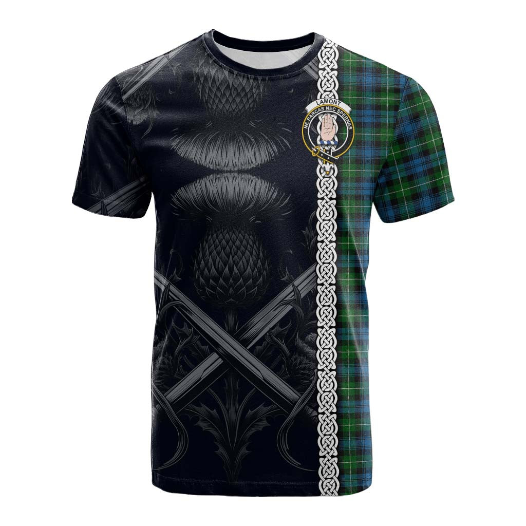 Tartan Vibes Clothing Lamont Tartan Cotton T-shirt with Family Crest Cross Sword Thistle Celtic Vibes