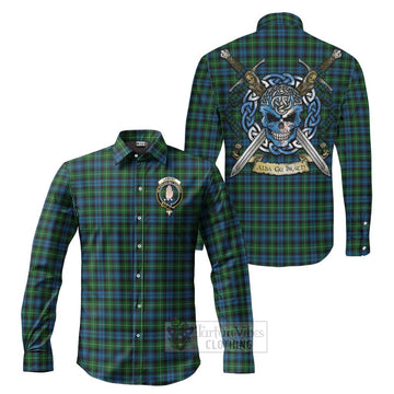 Tartan Vibes Clothing Lamont Tartan Long Sleeve Button Shirt with Family Crest Celtic Skull Style