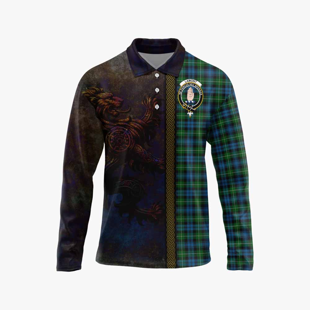 Tartan Vibes Clothing Lamont Tartan Family Crest Long Sleeve Polo Shirt Alba Gu Brath Be Brave Lion Ancient Style