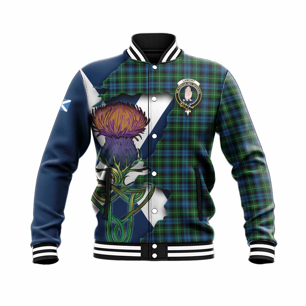 Tartan Vibes Clothing Lamont Tartan Family Crest Baseball Jacket Scottish Thistle Celtic Inspired