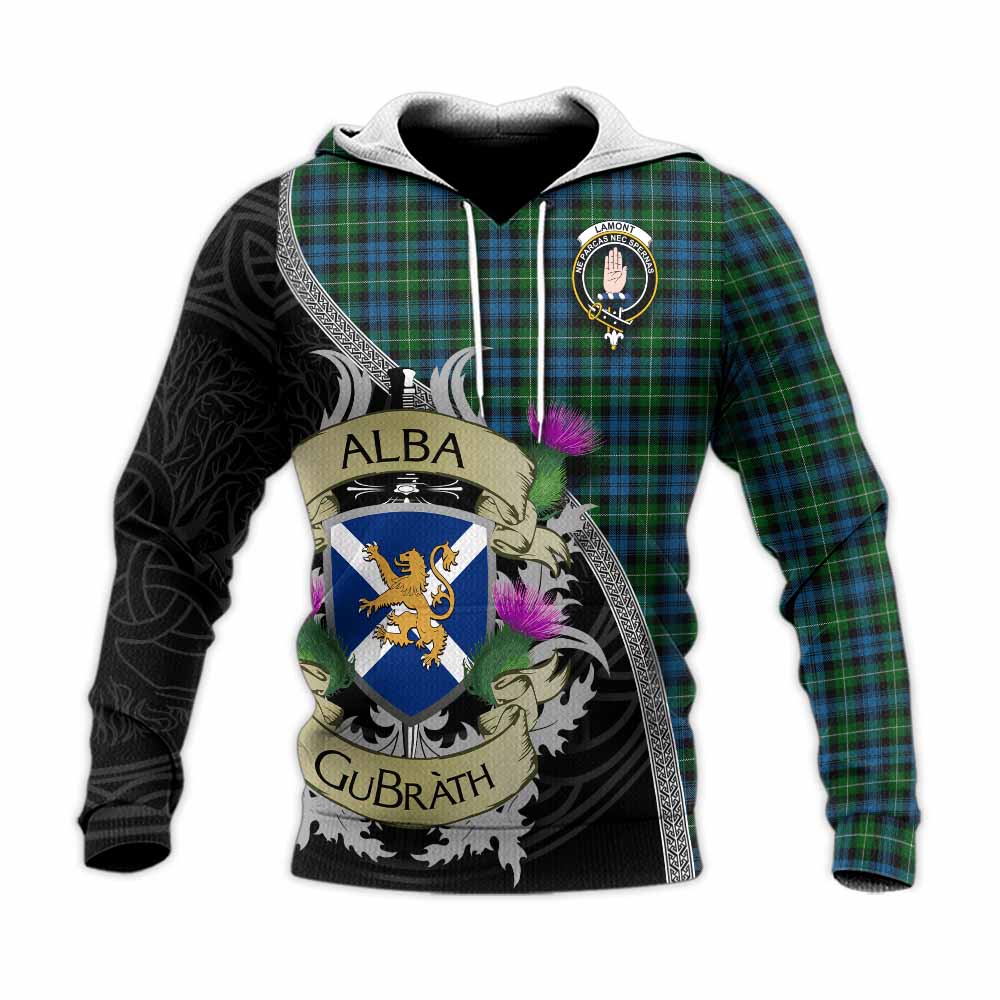 Tartan Vibes Clothing Lamont Tartan Family Crest Knitted Hoodie Lion Rampant Royal Thistle Shield Celtic Inspired