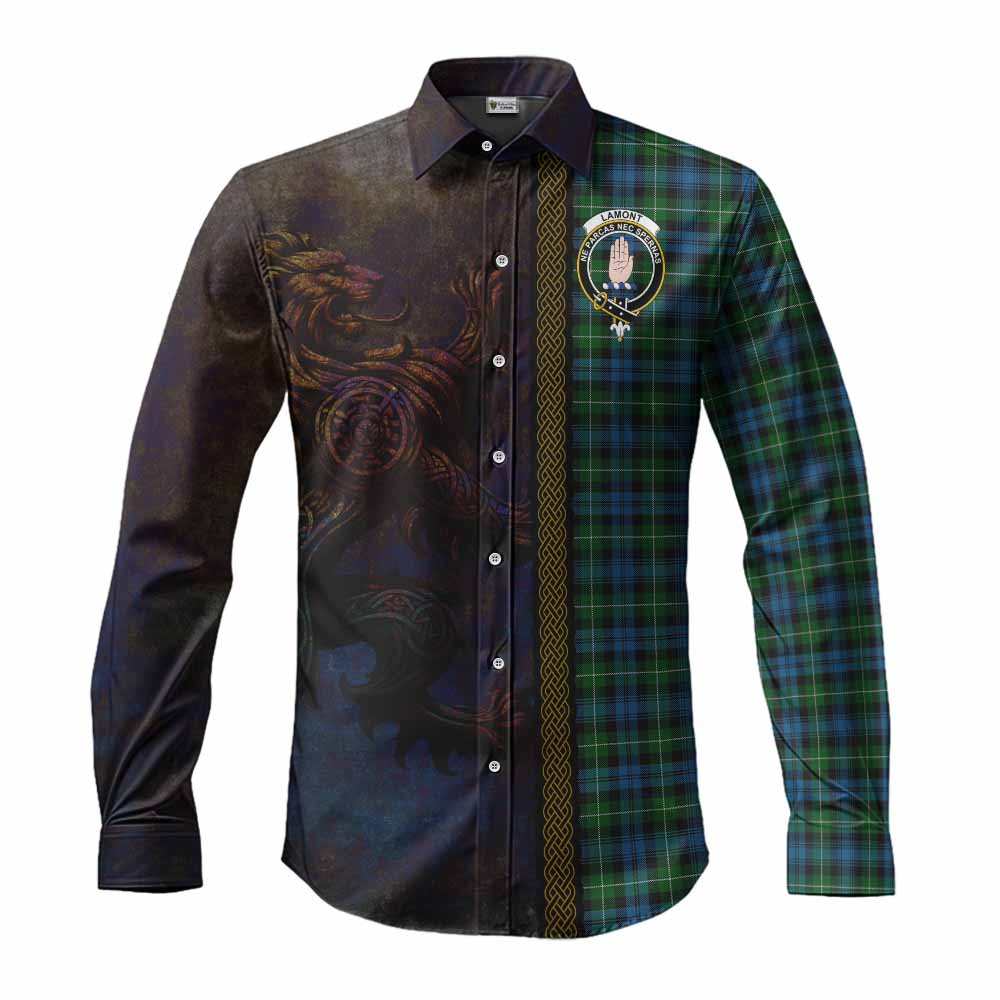 Tartan Vibes Clothing Lamont Tartan Family Crest Long Sleeve Button Shirt Alba Gu Brath Be Brave Lion Ancient Style