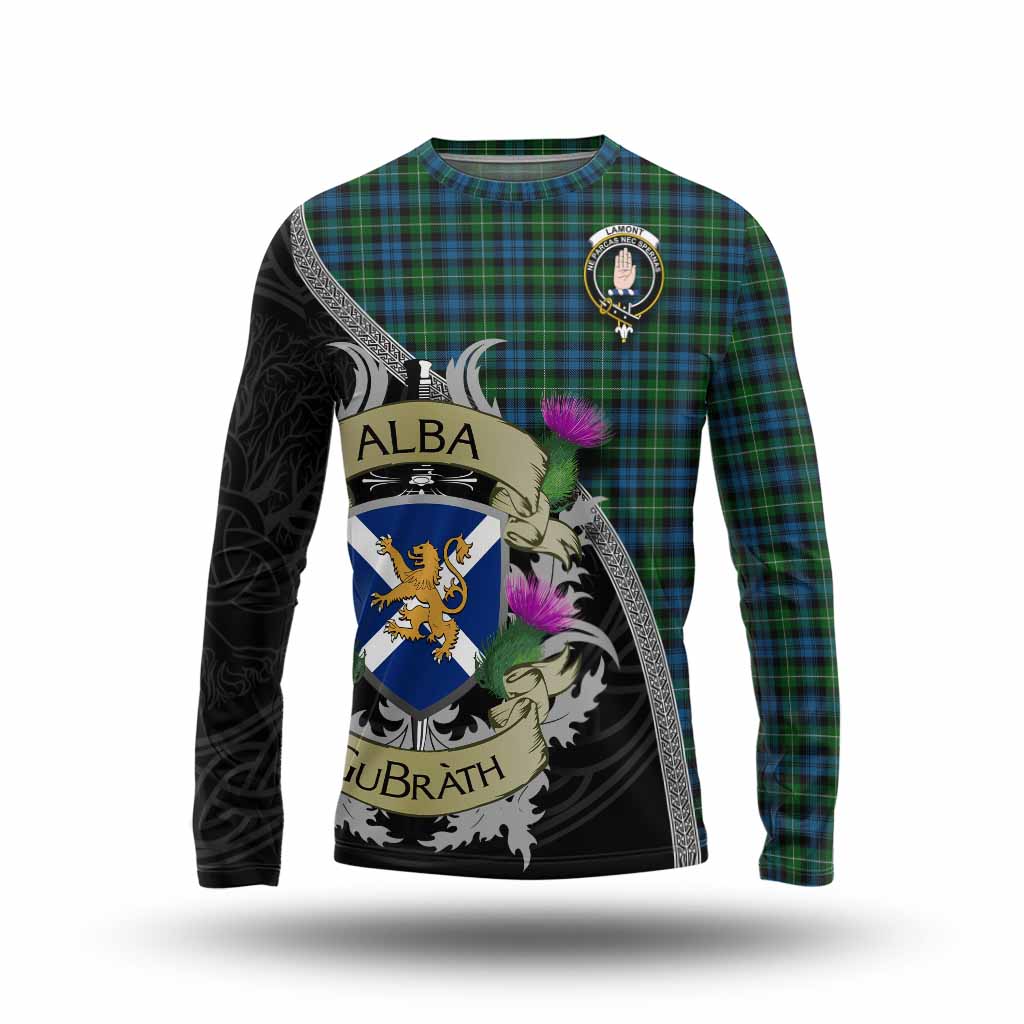 Tartan Vibes Clothing Lamont Tartan Family Crest Long Sleeve T-Shirt Lion Rampant Royal Thistle Shield Celtic Inspired