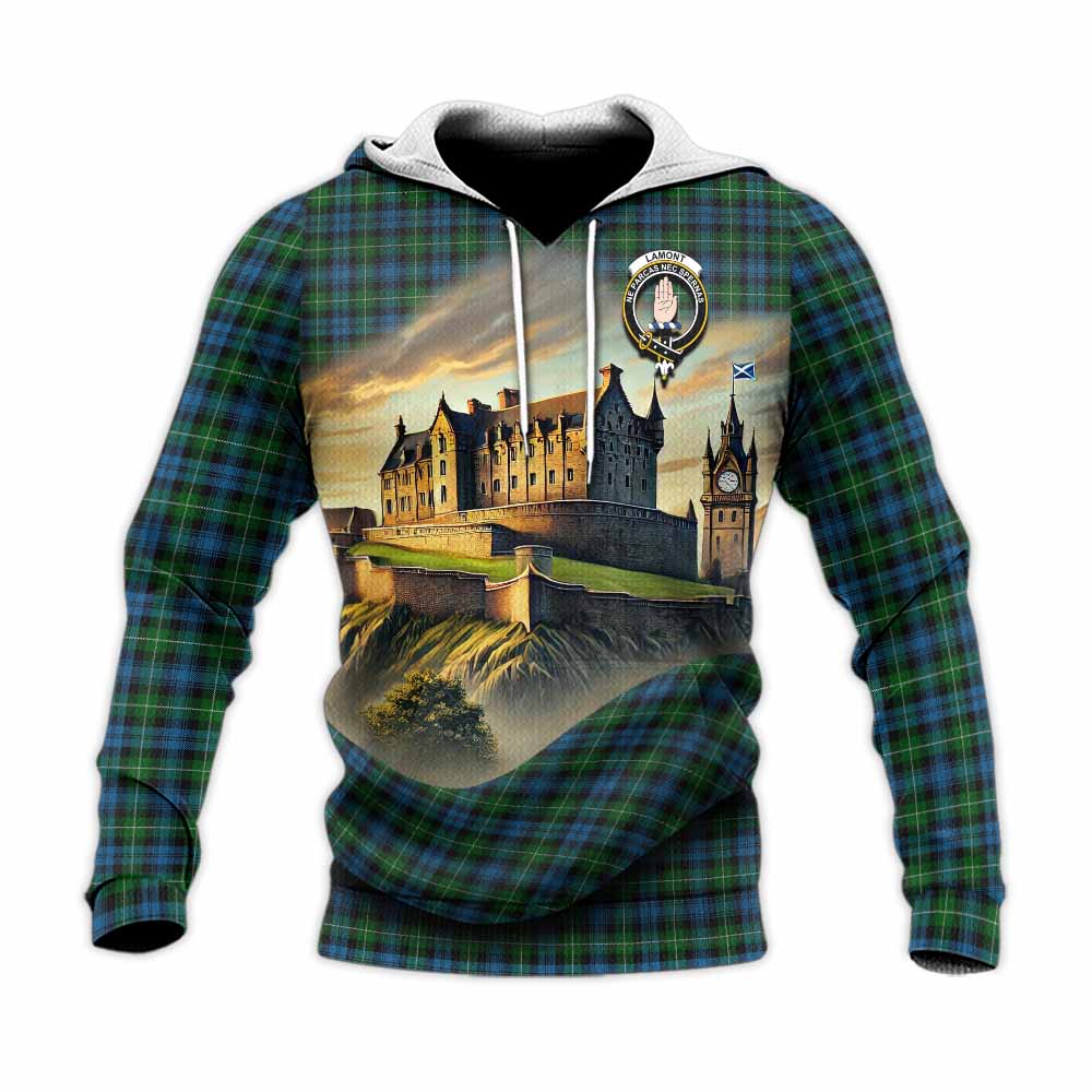Tartan Vibes Clothing Lamont Tartan Family Crest Knitted Hoodie with Scottish Ancient Castle Style