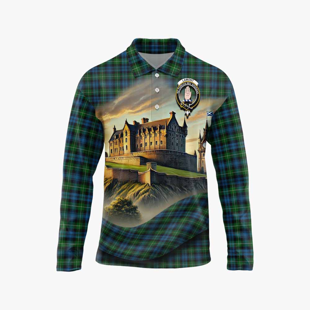 Tartan Vibes Clothing Lamont Tartan Family Crest Long Sleeve Polo Shirt with Scottish Ancient Castle Style