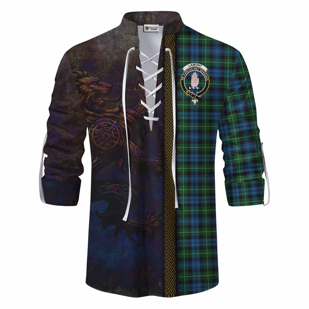 Tartan Vibes Clothing Lamont Tartan Family Crest Ghillie Kilt Shirt Alba Gu Brath Be Brave Lion Ancient Style