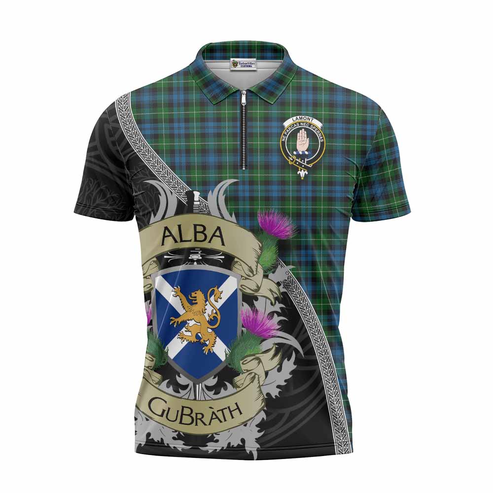 Tartan Vibes Clothing Lamont Tartan Family Crest Zipper Polo Shirt Lion Rampant Royal Thistle Shield Celtic Inspired