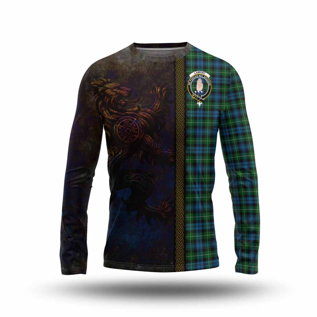 Tartan Vibes Clothing Lamont Tartan Family Crest Long Sleeve T-Shirt Alba Gu Brath Be Brave Lion Ancient Style