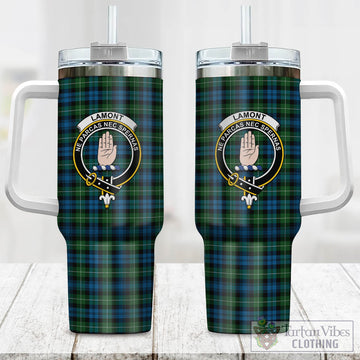 Lamont Tartan and Family Crest Tumbler with Handle