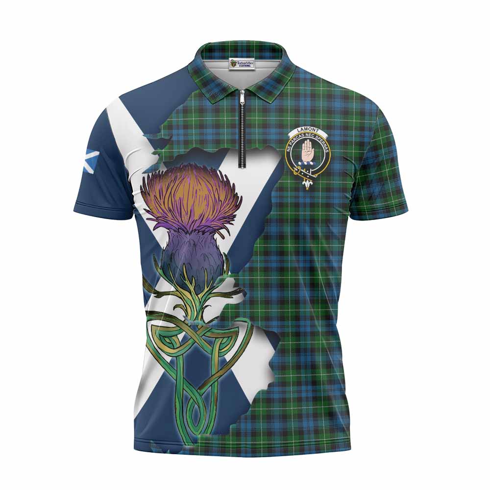 Tartan Vibes Clothing Lamont Tartan Family Crest Zipper Polo Shirt Scottish Thistle Celtic Inspired