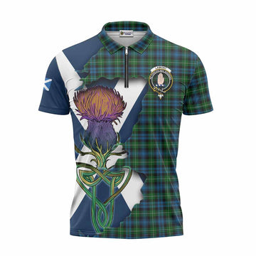 Lamont Tartan Family Crest Zipper Polo Shirt Scottish Thistle Celtic Inspired