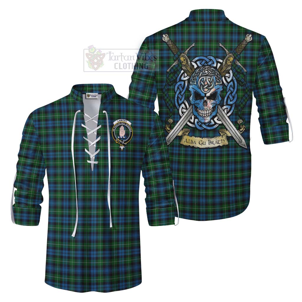 Tartan Vibes Clothing Lamont Tartan Ghillie Kilt Shirt with Family Crest Celtic Skull Style