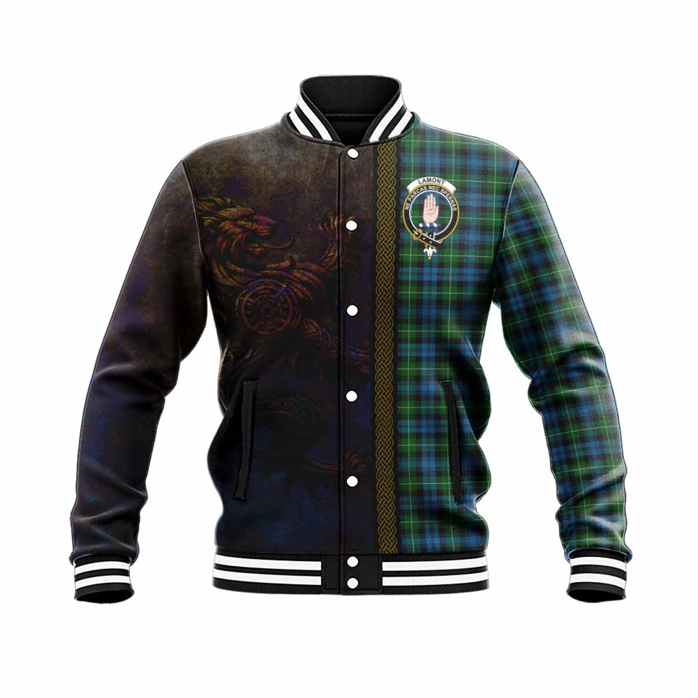 Tartan Vibes Clothing Lamont Tartan Family Crest Baseball Jacket Alba Gu Brath Be Brave Lion Ancient Style