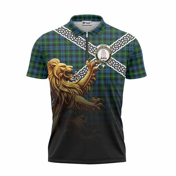 Lamont Crest Tartan Zipper Polo Shirt with Golden Lion Emblem Celtic Style