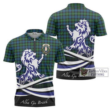 Lamont Tartan Zipper Polo Shirt with Alba Gu Brath Regal Lion Emblem Unisex - Tartanvibesclothing Shop