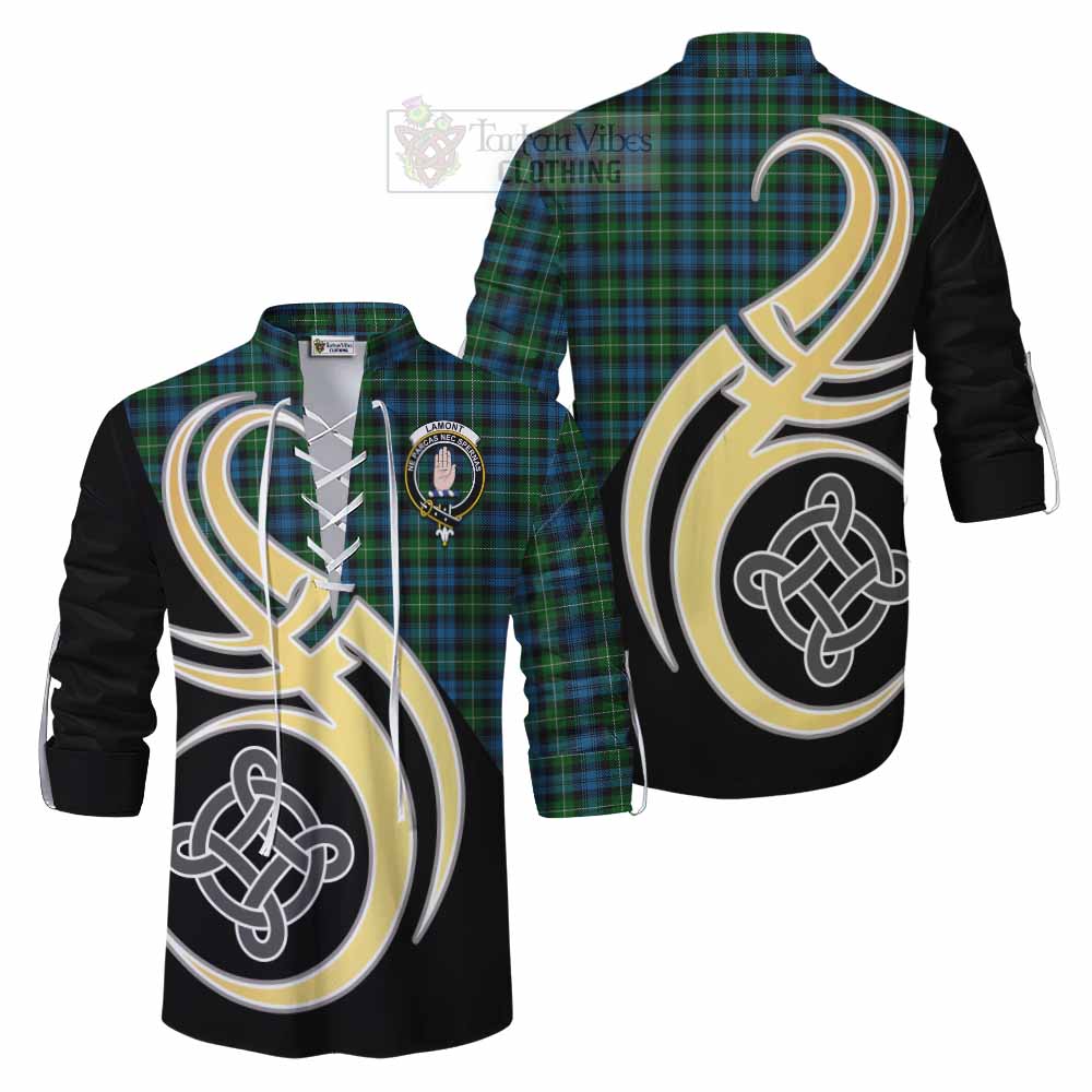 Tartan Vibes Clothing Lamont Tartan Ghillie Kilt Shirt with Family Crest and Celtic Symbol Style