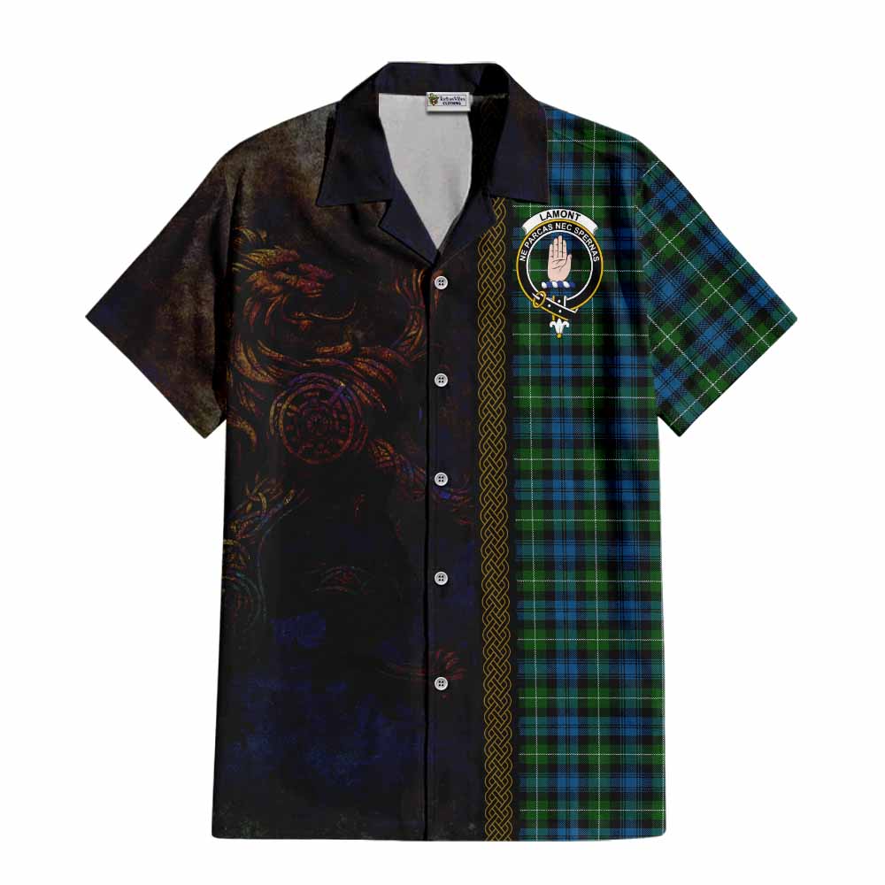 Tartan Vibes Clothing Lamont Tartan Family Crest Short Sleeve Button Shirt Alba Gu Brath Be Brave Lion Ancient Style