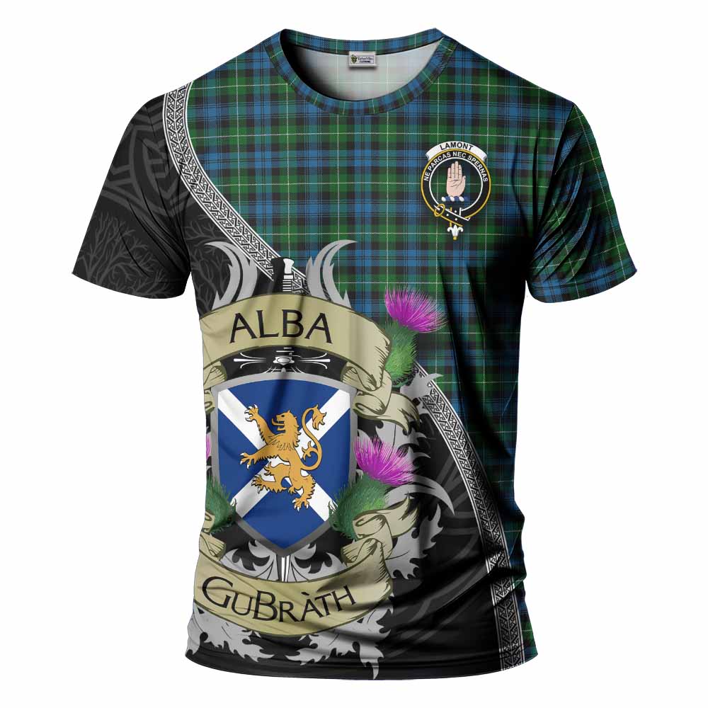 Tartan Vibes Clothing Lamont Tartan Family Crest T-Shirt Lion Rampant Royal Thistle Shield Celtic Inspired